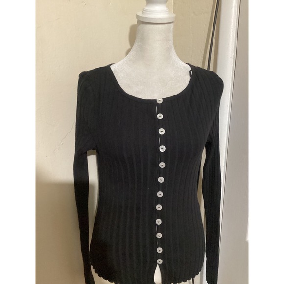 Free People Black Tilly Ribbed Button Up Long Sleeve Top M - Picture 3 of 8